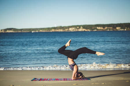 yoga, fitness, exercise, health, working out, pose, girl, woman, people, blue, sky, beach, sand,...