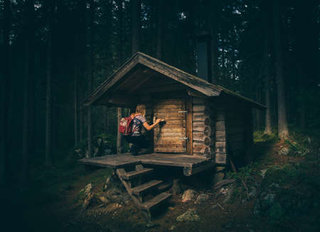 log, cabin, forest, woods, camping, hut, girl, people, trees, nature, outdoors