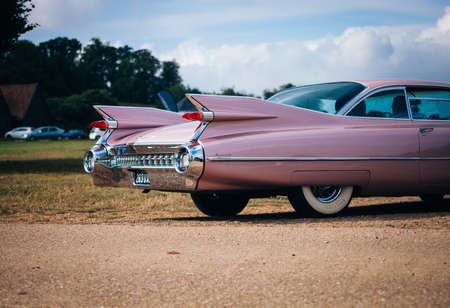 car, vintage, pink, vehicle, transportation, travel, vacation, race, clouds, sky, trees, car show