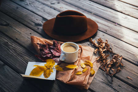 brown, cap, hat, coffee, cup, paper, leaves, fall, autumn, wood, outside