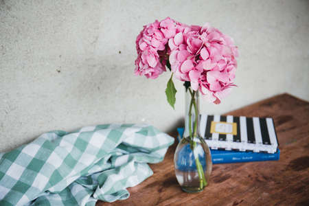flower, vase, pink, blossom, plant, nature, curtain, books, table, wall, interior
