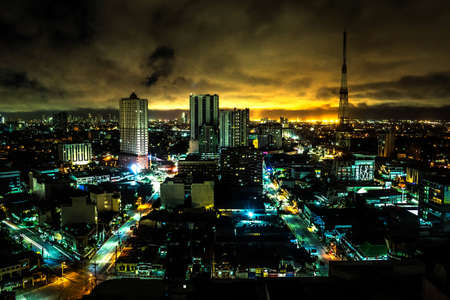 skyline, city, night, building, infrastructure, lights, street, tower, dark, sky, clouds, view