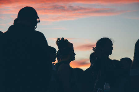 silhouette, people, crowd, girls, man, dark, sky, sunset
