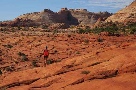 woman, girl, alone, nature, trees, rock, formation, travel, adventure, fitness, people