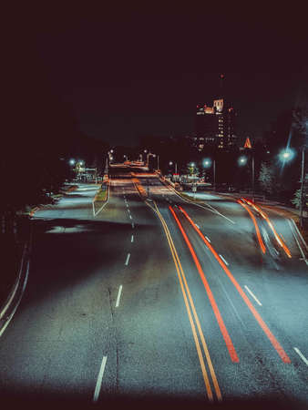 night, dark, sky, city, light, trees, road, building