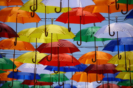 umbrella, rain, blue, yellow, red, green, white, hang, art, summer, sunny, colorful