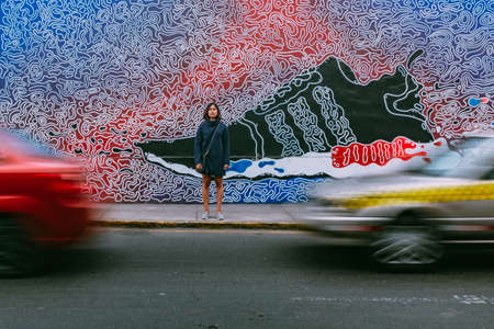 people, woman, street, road, wall, art, sidewalk, car, vehicle