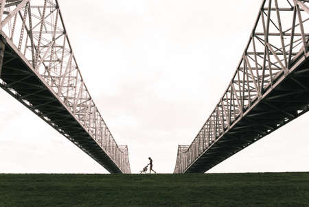 bridge, architecture, structure, steel, sky, grass, stroller, people, baby, kid, child, girl