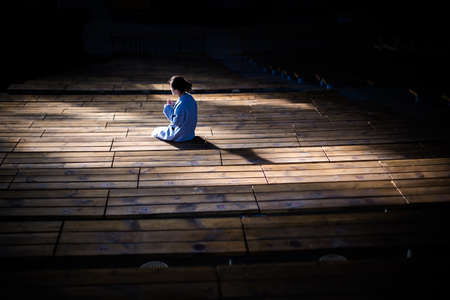 people, girl, alone, theatre, dark, stage, spotlight, shadow