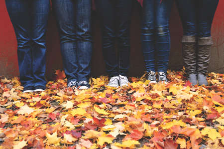 legs, shoes, jeans, boots, outdoor, leaves, autumn, wall