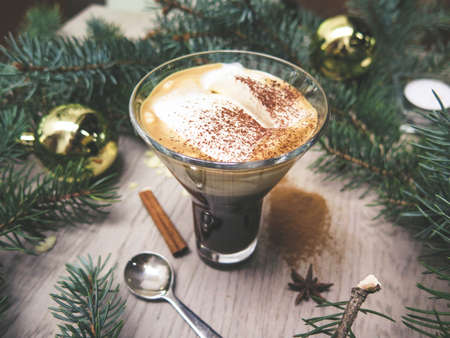 christmas, tree, spoon, pine nut, glass, powder, coffee, milk, art, ornaments