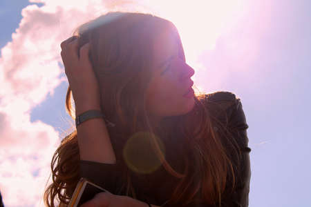 girl, people, beauty, thinking, alone, clouds, sky, sunny, sunlight, sunshine, hair, bracelet, phone