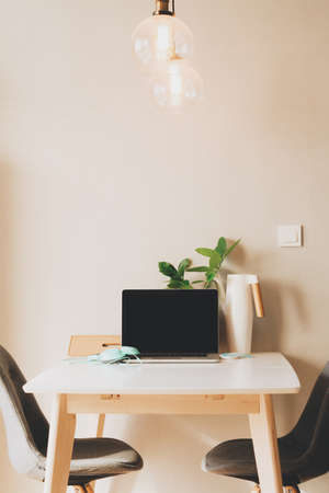 wall, light, bulb, work, desk, table, chairs, furniture, computer, laptop, business, study, plant,...