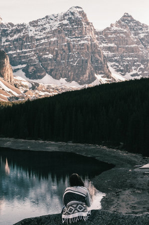 people, alone, woman, girl, lake, water, coast, nature, trees, plants, mountain, valley, snow,...