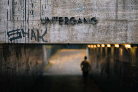 letters, dark, blur, people, man, walking, lights, wall, street, tunnel
