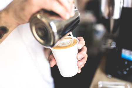 coffee, caffe, latte, art, steamed, milk, froth, foam, hand, measuring, cup, barista