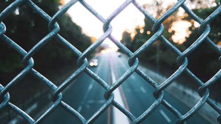 fence, steel, wire, street, road, trees, bokeh