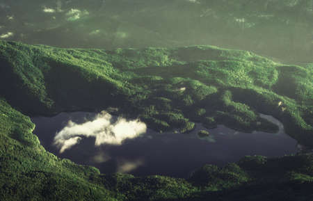 mountain, highland, trees, plant, forest, lake, water, reflection, clouds, sky, landscape, nature