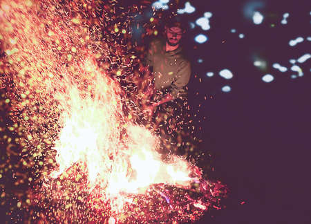 fire, lights, spark, flame, bonfire, firedance, people, man, dark, night, bokeh