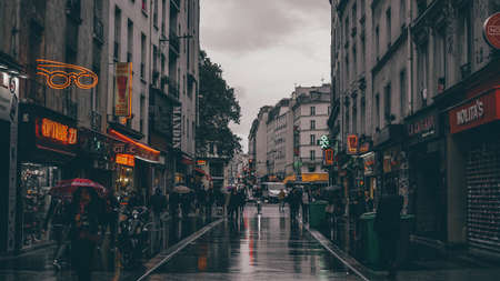 architecture, building, structure, street, people, restaurants, shops, rainy, wet, umbrella, men,...