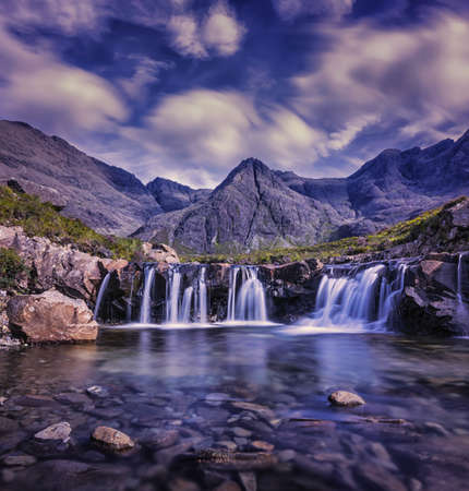 mountain, highland, stream, water, green, grass, nature, landscape, sky, clouds, rocks