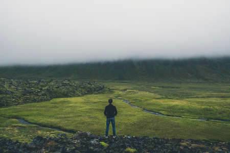 mountain, highland, green, grass, landscape, nature, field, rocks, river, water, sky, clouds,...
