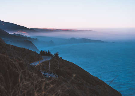 highland, road, car, trip, travel, trees, sea, ocean, water, mountain, landscape, nature, sky,...