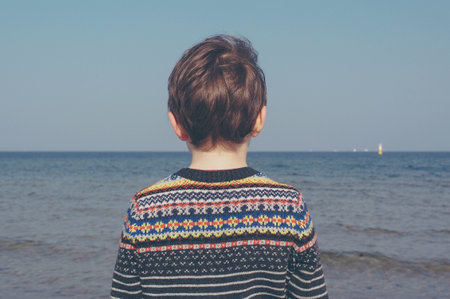 sea, ocean, water, people, kid, child, boy, horizon, blue, sky