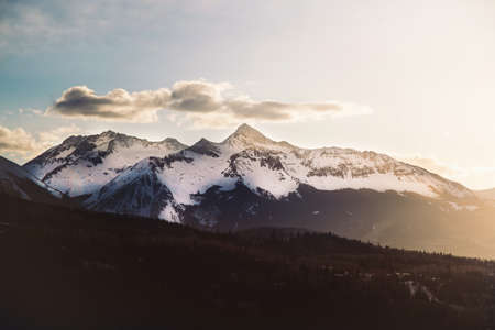 dark, mountain, sunset, sunrise, valley, landscape, trees, plant, snow, winter, cold, clouds, sky
