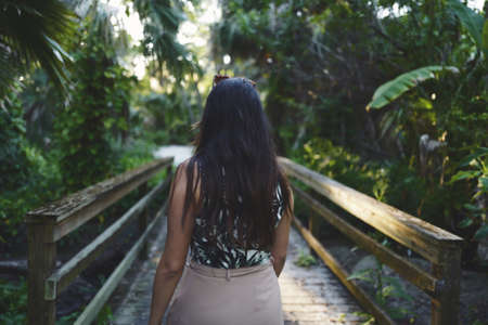 green, plants, nature, wood, bridge, pathway, outdoor, adventure, people, woman, alone