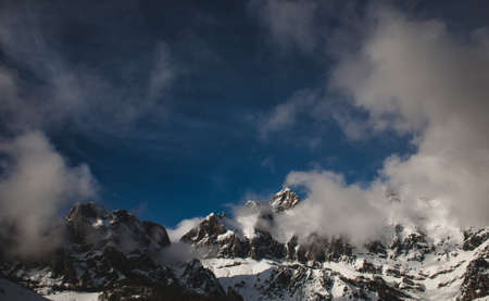 mountain, valley, clouds, blue, sky, snow, winter, sunny, day, landscape, nature
