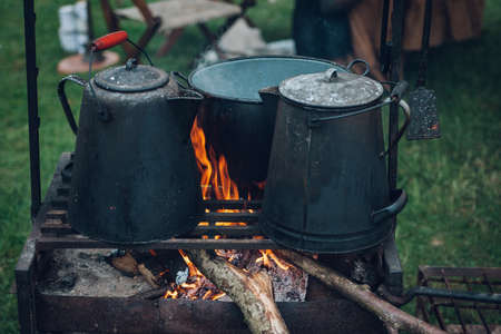 fire, flame, kettle, steel, firewood, food, field, ration, green, grass