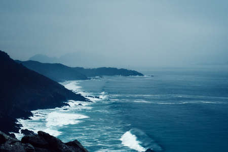 sea, ocean, water, waves, nature, blue, dark, mountain, highland, coast, sky, rocks
