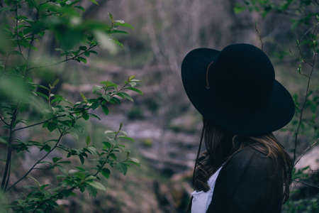 people, girl, alone, tree, nature, green, plant, black, hat, clothing, fashion, blur