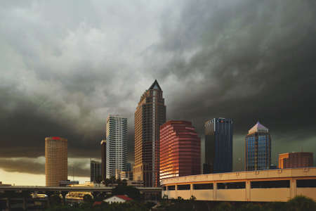 architecture, building, infrastructure, city, tower, skyline, dark, clouds, skyscraper, bridge