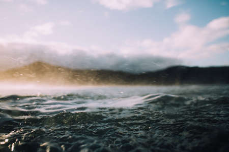 sea, ocean, water, waves, nature, blur, mountain, sky