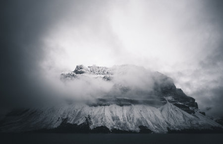 mountain, highland, volcano, clouds, fog, nature, black and white