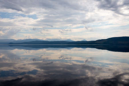 lake, water, mountain, horizon, sky, clouds, reflection