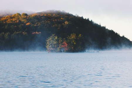 mountain, highland, trees, plant, nature, lake, water, sky, clouds, fog, autumn, ,fall
