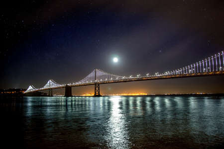 architecture, bridge, structure, blue, sky, dark, night, stars, moon, view, horizon, river, sea,...