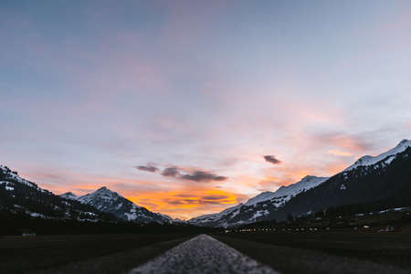 blue, sky, clouds, sunset, road, mountain, valley, path, landscape