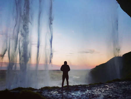 waterfall, sky, hill, mountain, highland, landscape, nature, people, man, alone, silhouette, sunset