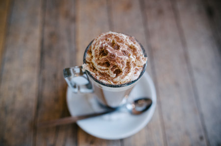 cappuccino, frosty, drink, caramel, glass, saucer, spoon, coffeehouse