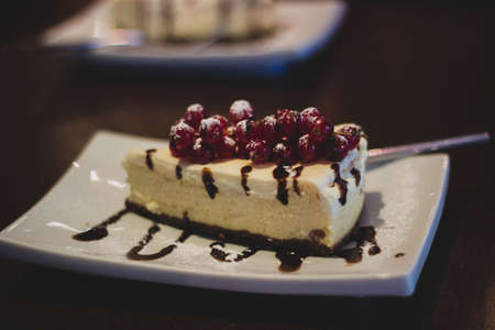 cheesecake, cake, dessert, sweets, food, chocolate, syrup, plate, fruit