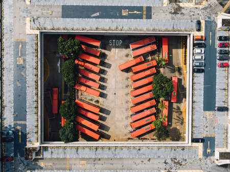 bus, car, vehicle, lane, road, transportation, parking, lot, tree, plant