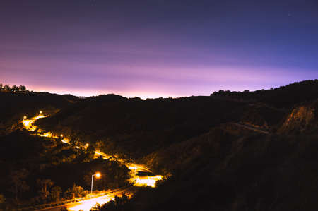 dark, mountain, highland, trees, nature, landscape, road, highway, light, lamp, sky, silhouette