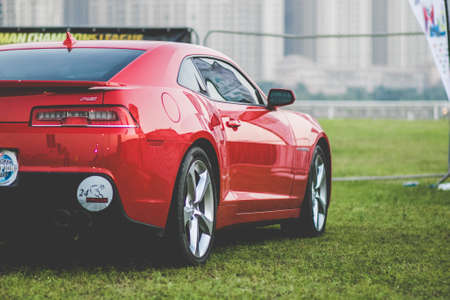 green, grass, lawn, outdoor, field, glossy, red, car, vehicle, travel, blur