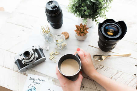 camera, lens, black, photography, table, plant, nature, coffee, work, desk, clips, fork