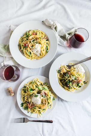 pasta, food, breakfast, lunch, dinner, snack, plate, fork, tableware, red, wine, glass, restaurant
