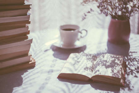 books, knowledge, education, table, morning, sunlight, flower, coffee